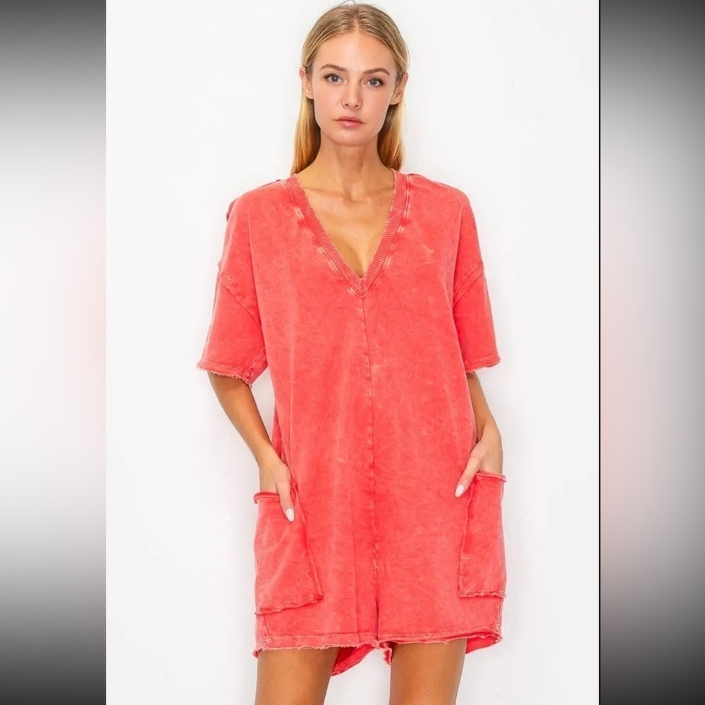 J Her Orange Red Mineral Wash Reversible Rompers